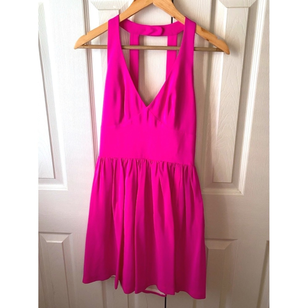 AMANDA UPRICHARD Hot Pink 100% Silk Halter Fit n Flare Pleated Mini Dress S